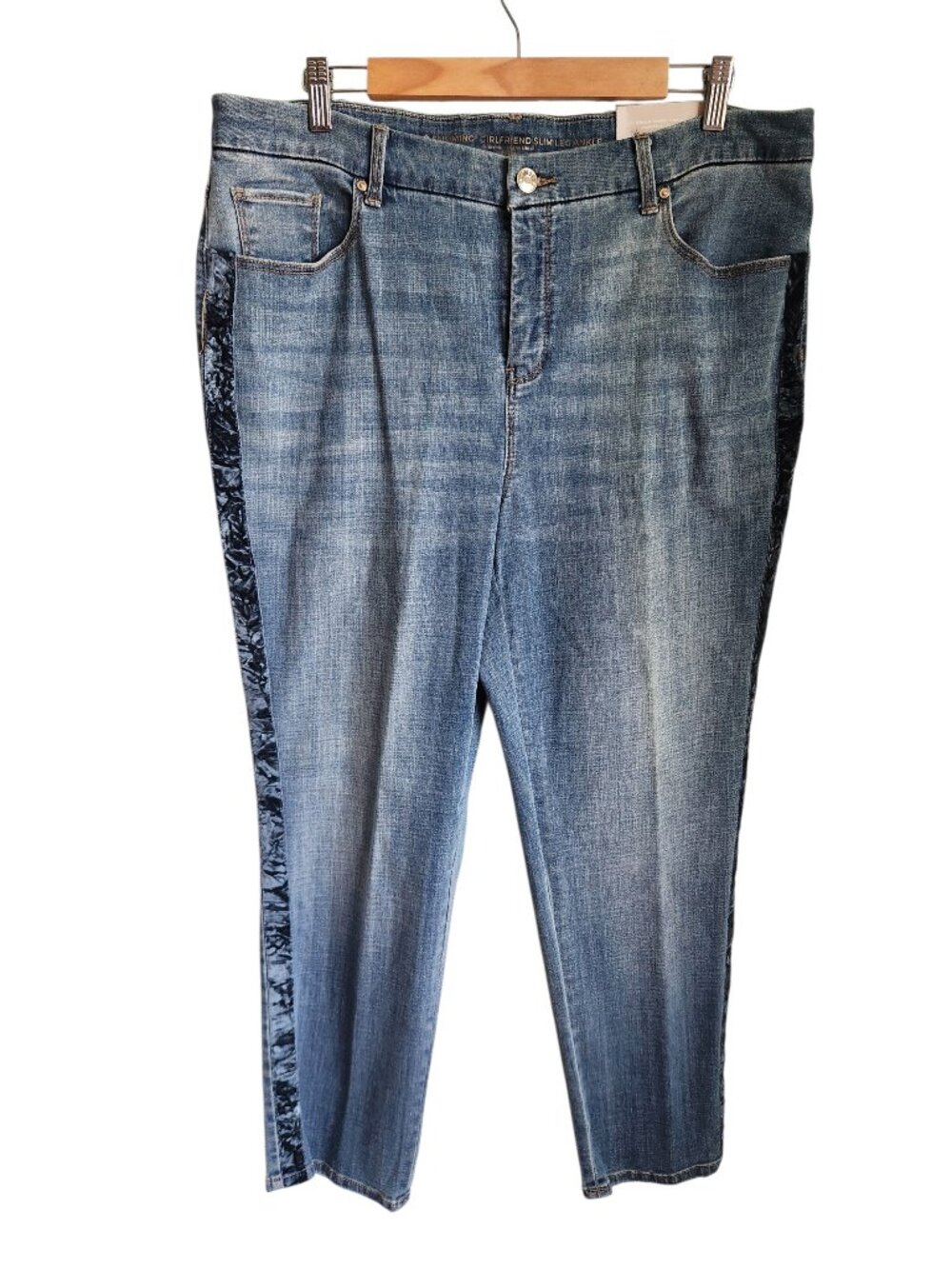 Chicos Denim Jeans 16 3R Blue Women's So Slimming Girlfriend Velvet Stripe NEW